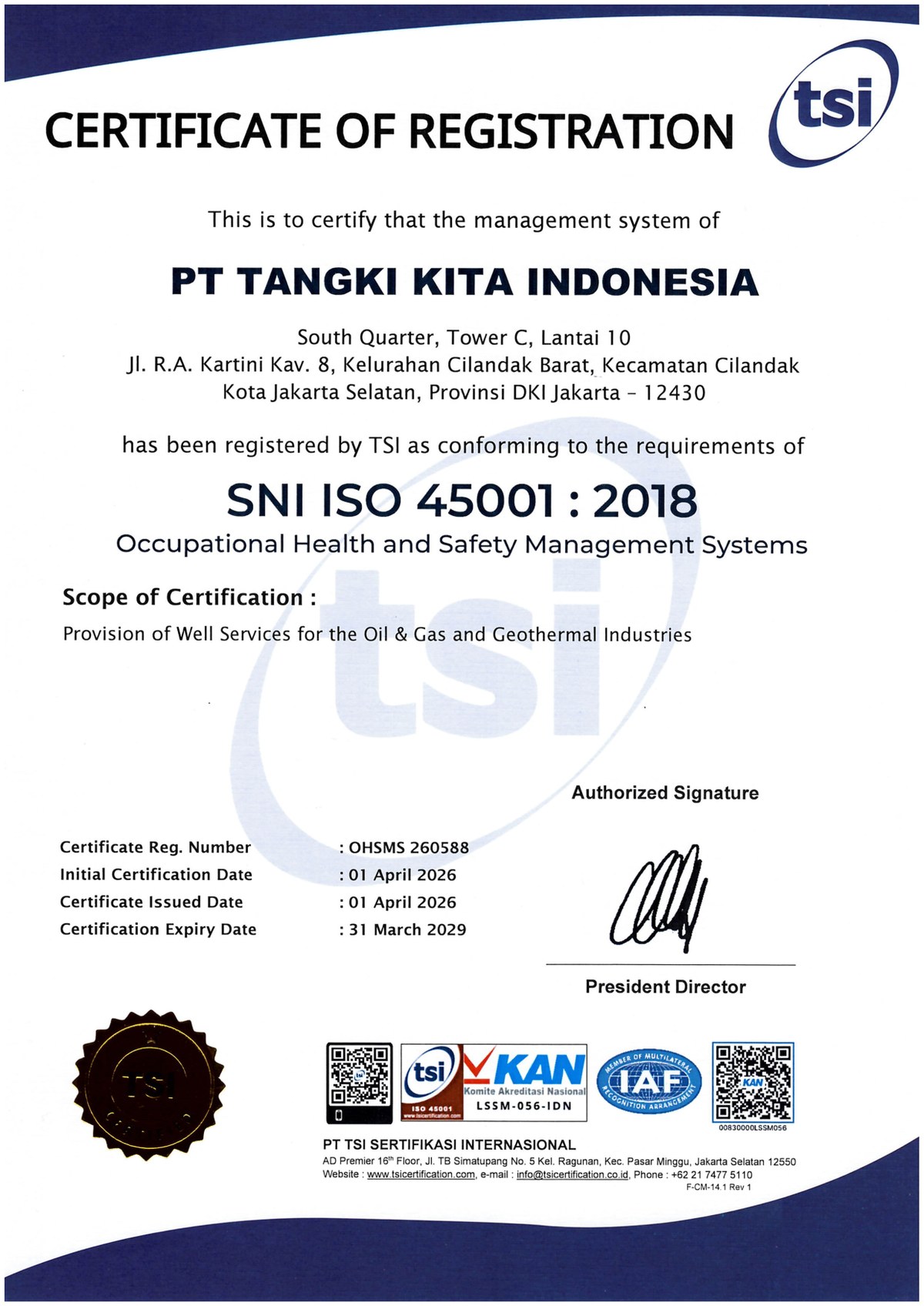 SNI ISO 45001:2018 (OHSMS) certificate of PT Tangki Kita Indonesia