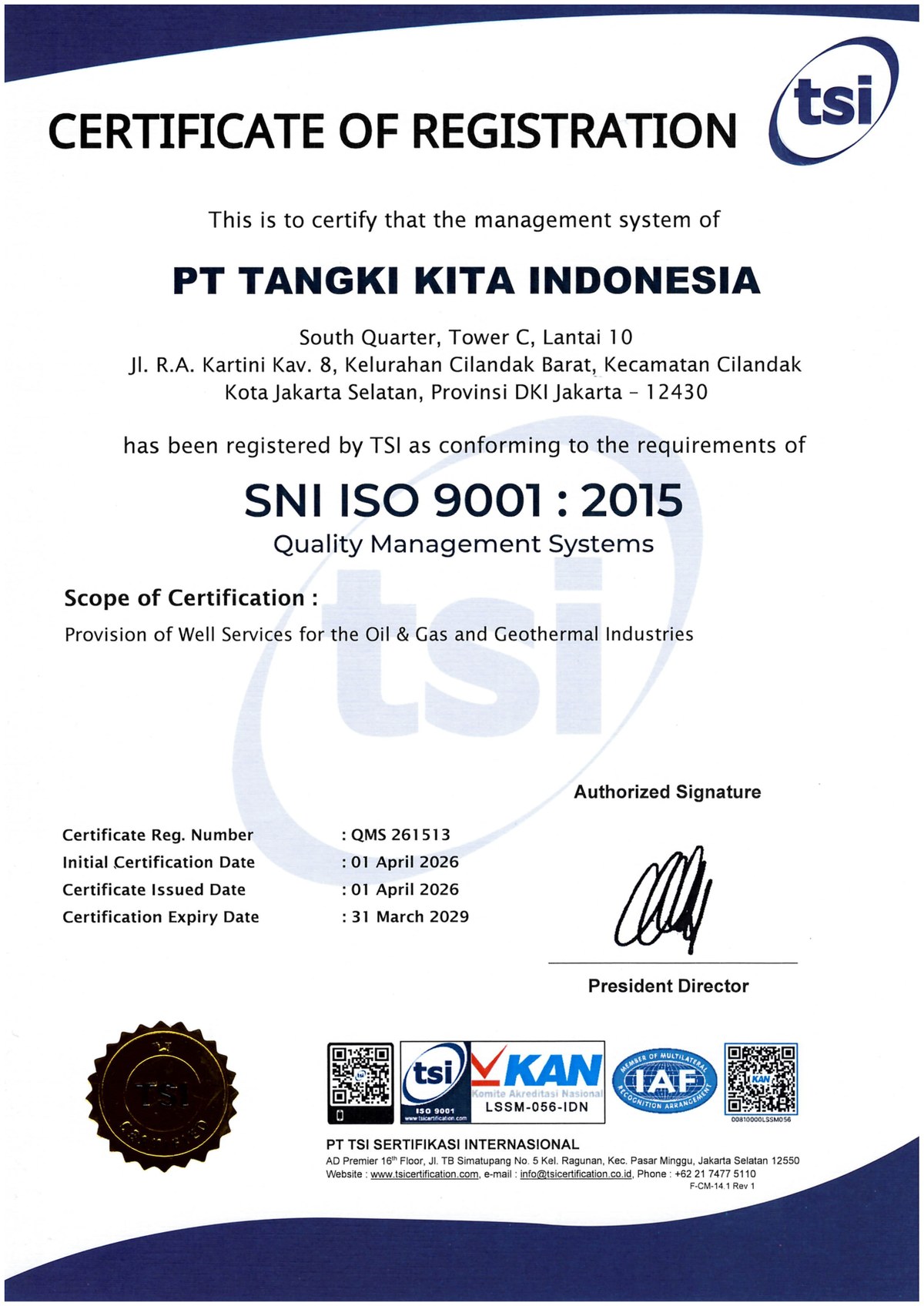 SNI ISO 9001:2015 (QMS) certificate of PT Tangki Kita Indonesia